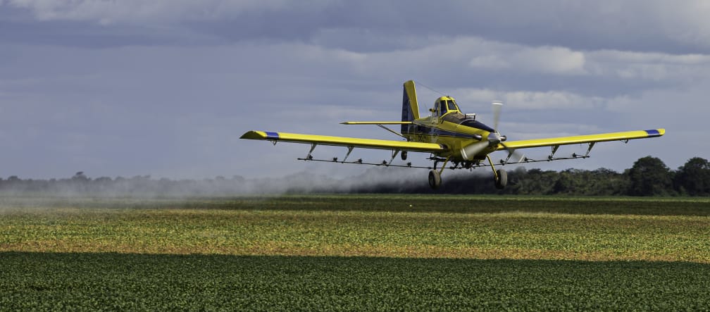 A single-engined light plane sprays pesticides over a soy plantation