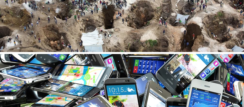 Collage: coltan mining, smartphones