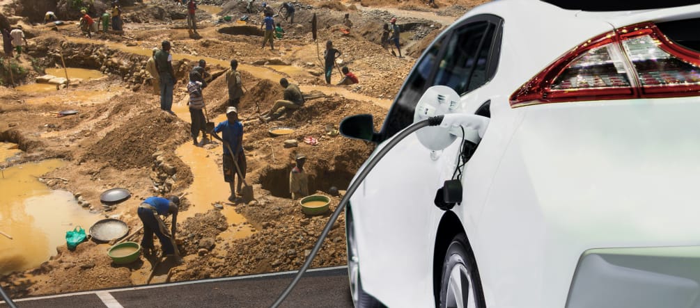 Cars with internal combustion engines are terrible for the environment, but electric vehicles are not as clean as they seem. Montage of miners in Congo and electric vehicle