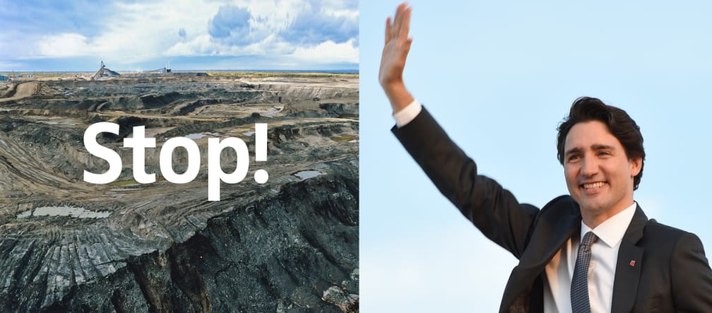 Canadian Prime Minister Trudeau is currently considering a new tar sand mine. Montage: tar sand mine and Justin Trudeau
