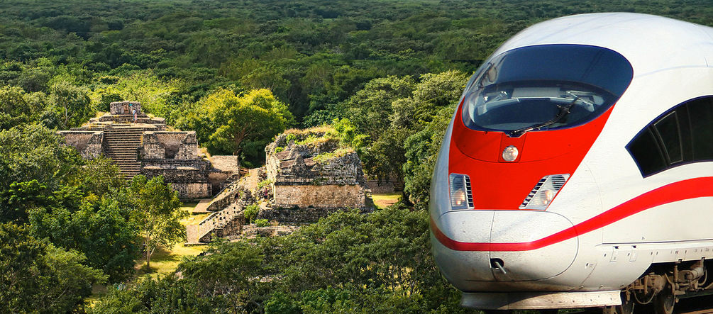 A high-speed train through the Mexican rainforest? Montage of high-speed train and Mayan ruins: Ek Balam in Yucatán
