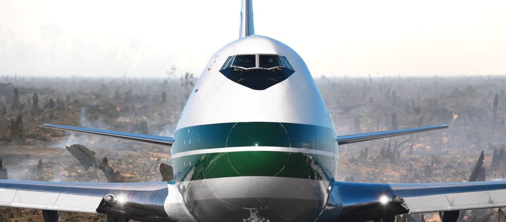 Airliner over a torched rainforest (montage) An airliner over torched rainforest