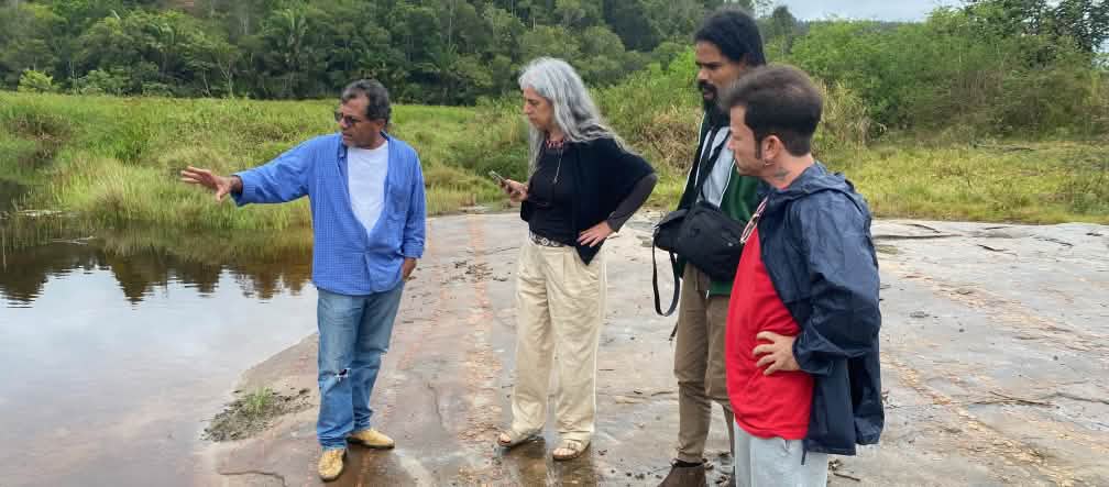 Four people looking at a body of water from the shore