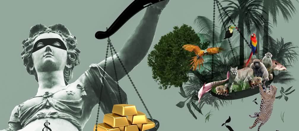 Gold or nature? Lady Justice has gold on one side of her balance and rainforest on the other. The gold weighs heavier.