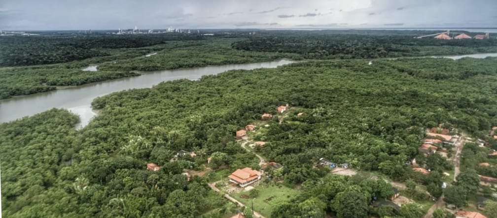 Aerial view of houses between trees. Behind them a river with mangrove forest
