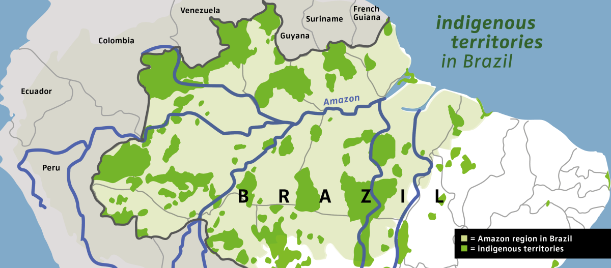 Map of the Brazilian Amazon (light green) and the indigenous territories in Brazil (dark green)