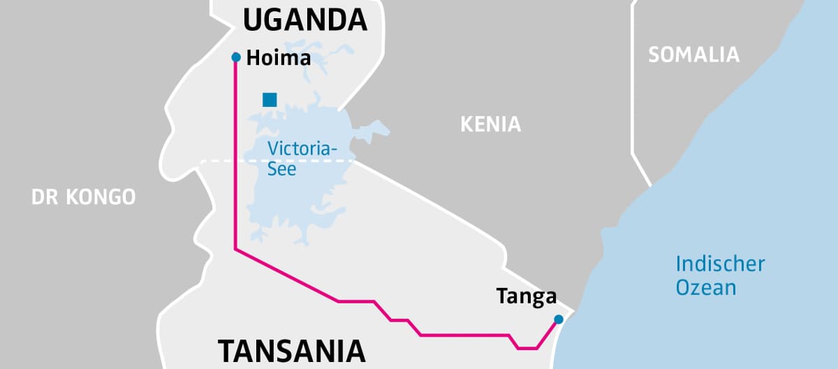 Map of Tanzania and Uganda showing the EACOP pipeline