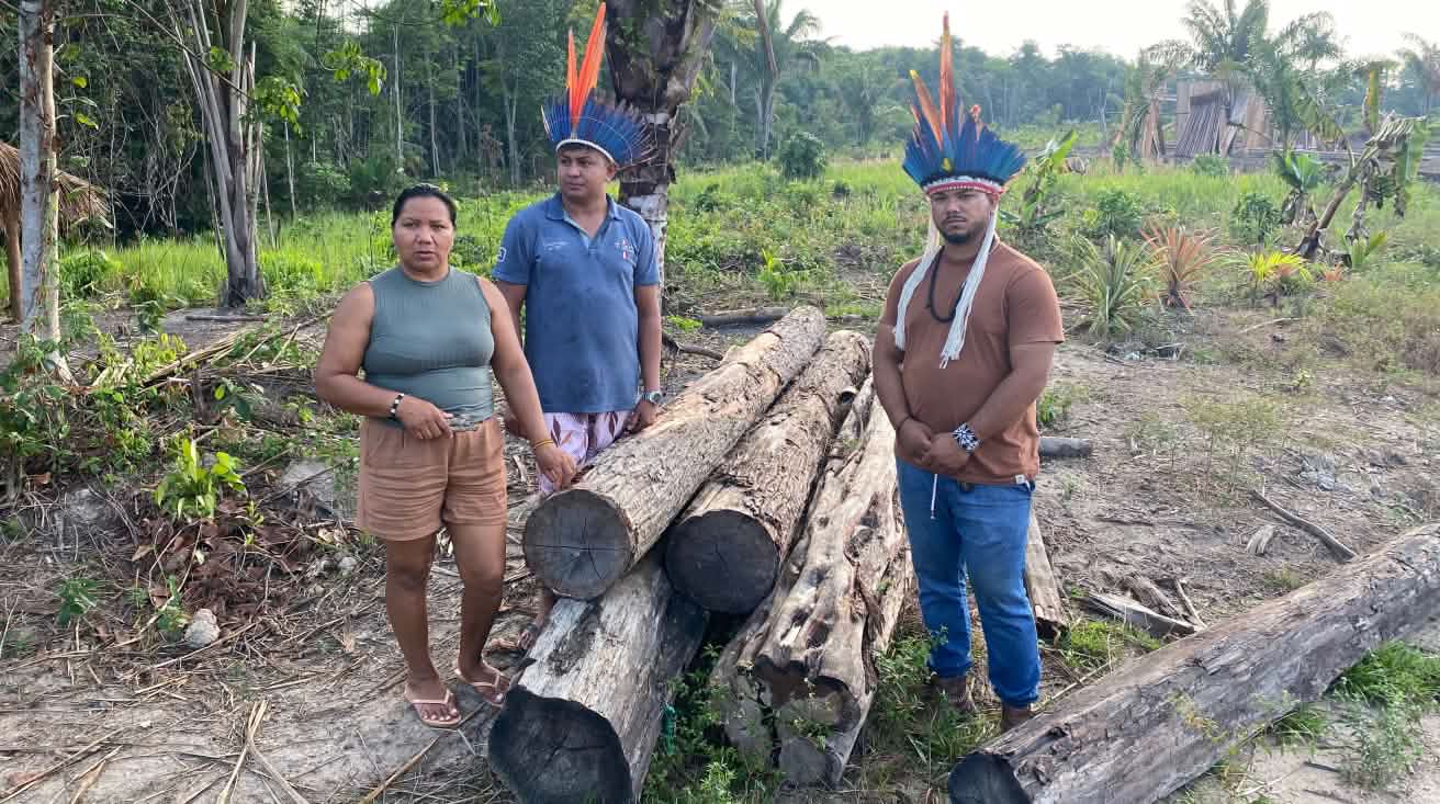 An Indigenous woman and two men wearing feather headdresses stand beside five tree trunks that have been cut down