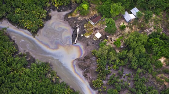 Aerial view of an oil spill on a river in Nigeria