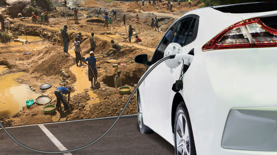 Montage of miners in Congo and electric vehicle