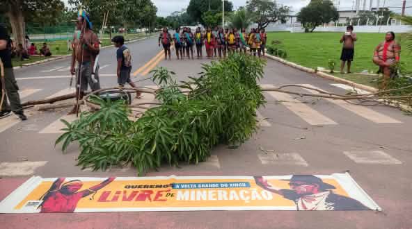 Indigenous people are blocking a road, with a line of people in the background and branches and a protest banner in the foreground