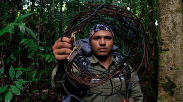 Ranger with a snare he removed in Leuser National Park