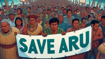 Graphic of crowd with "Save Aru" banner, ocean and ships in background