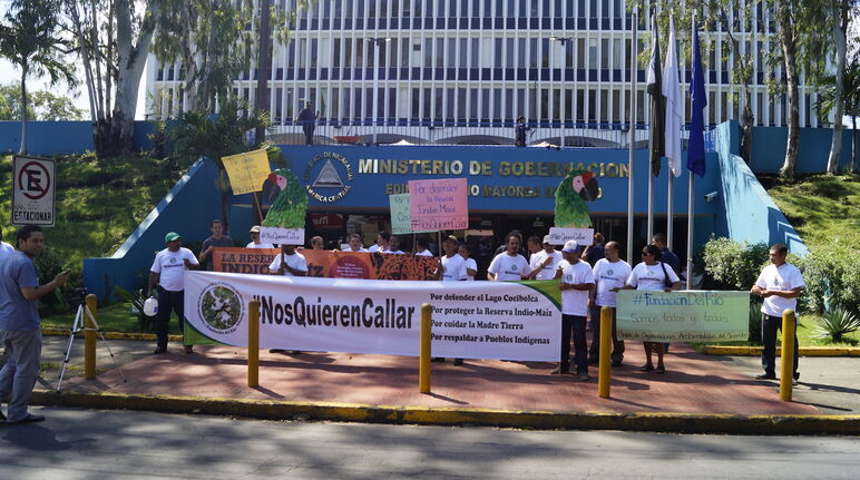Grupo Cocibolca protesting in front of a government building, Nicaragua