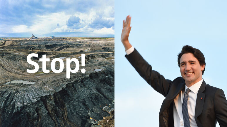 Canadian Prime Minister Trudeau is currently considering a new tar sand mine. Montage: tar sand mine and Justin Trudeau