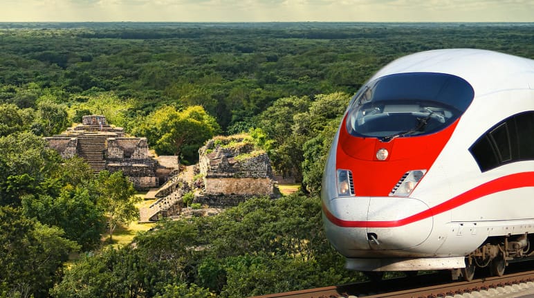 Montage of high-speed train and Mayan ruins: Ek Balam in Yucatán