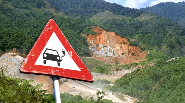 Montage: traffic sign with an electric vehicle in front of an open pit mine in the rainforest of Ecuador