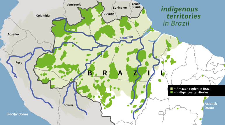 Map of the Brazilian Amazon (light green) and the indigenous territories in Brazil (dark green)