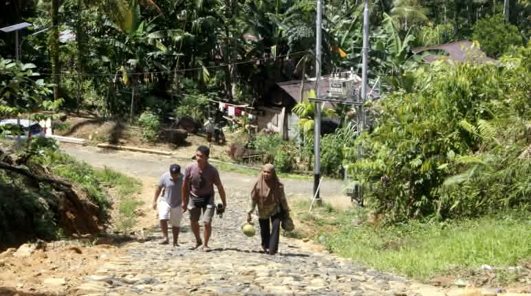 The Indigenous people living in Batang Toru share the forest with the Tapanuli orangutans Three people on a paved road in a village in the forest