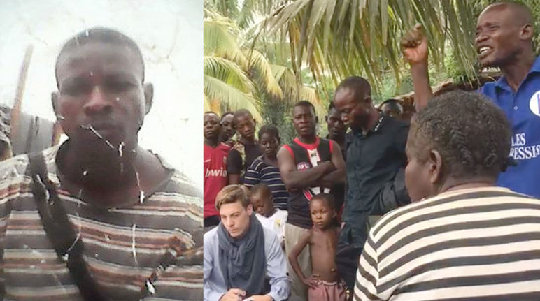 Joël (left) took part in a meeting between villagers and representatives of DEG, a German development bank. Activist Joël Imbangola Lunea (RIAO-RDC)
