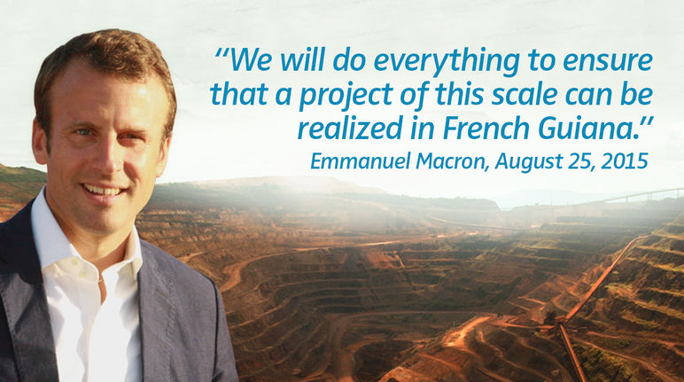 French President Macron has been advocating the gold mine since 2015. Photomontage: Emmanuel Macron with an example of an industrial mine in the background. Quote: “We will do everything to ensure that a project of this scale can be realized in French Guiana.”