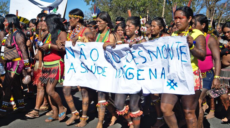 Indigenous women in Brazil protesting the clearing of their ancestral forest Protesting indigenous women in Brazil