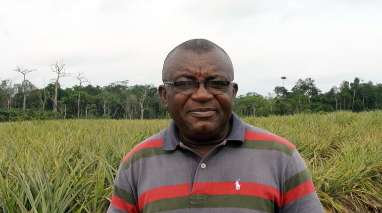 Odey Oyama in front of a pineapple plantation