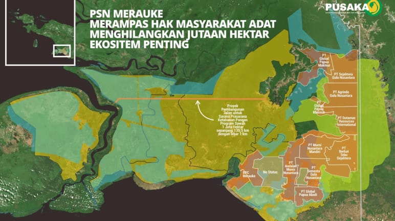 Map of Merauke showing concessions for sugar cane and rice
