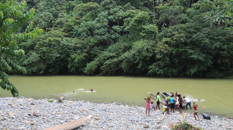 People and canoes on the bank of a river in the rainforest and children swimming