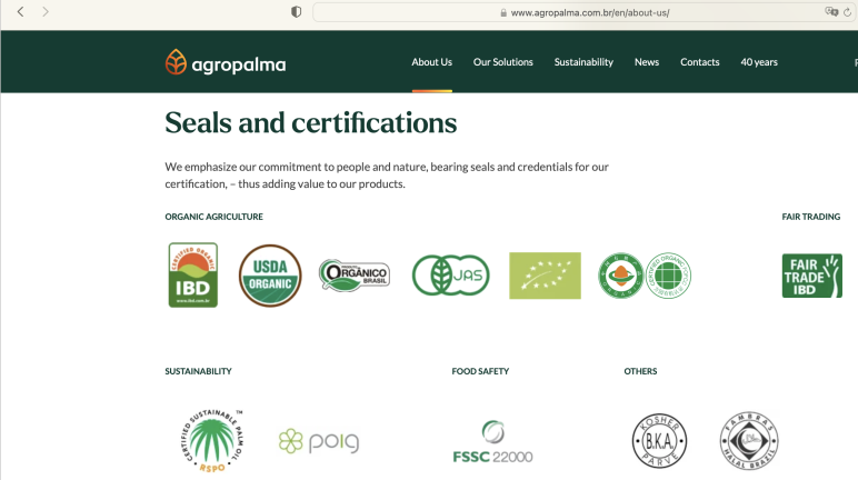 Screenshot with the logos of the different seals granted to Agropalma