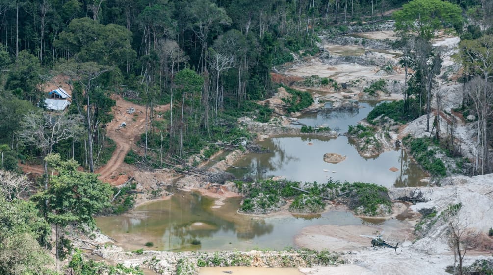 Aerial view of iIlegal gold mine in Brazil