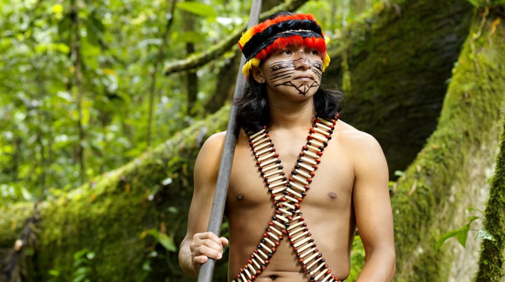 An indigenous man wearing feathers and a painted face standing in the forest with a blowpipe