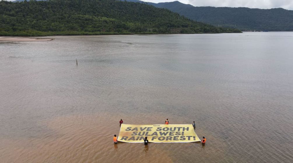 Protesters with a banner on polluted lake Mahalona