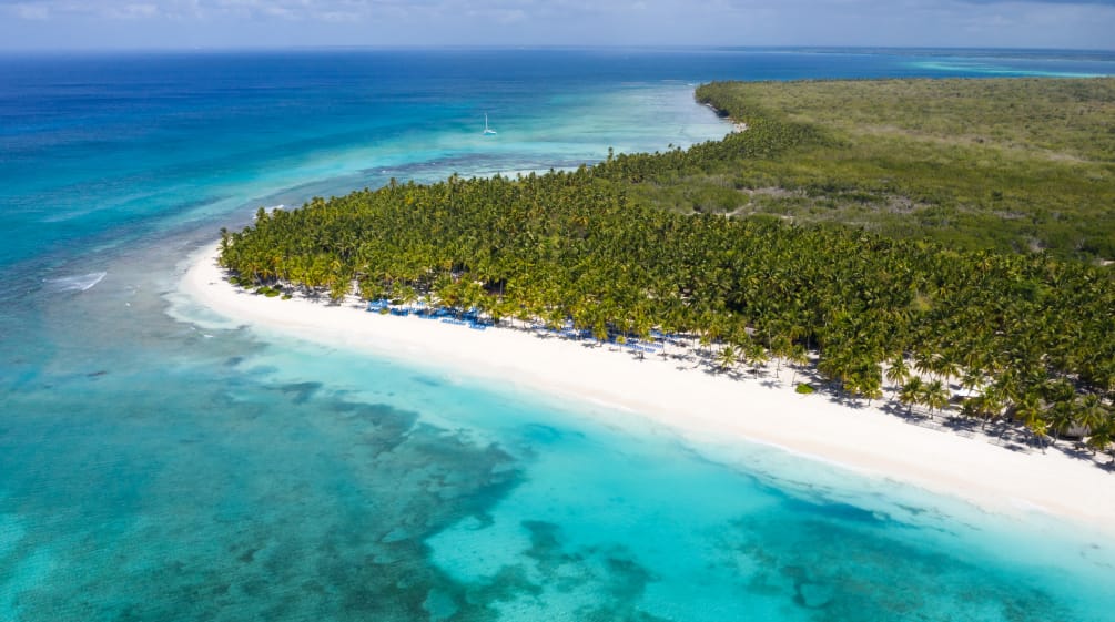 The tropical island of Saona, surrounded by coral reefs, is part of Cotubanamá National Park Aerial view of the tropical island Saona with coconut palms and turquoise Caribbean sea
