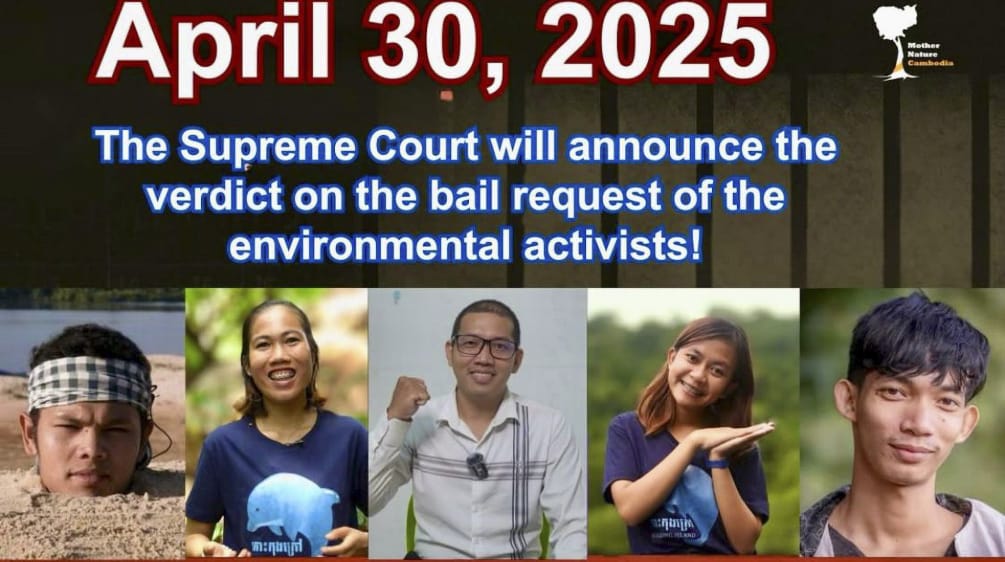 Collage with 5 members of MNC (2 women and 3 men), The following text can be read on the picture: “The Supreme Court will announce the verdict on the bail request of the environmental activists!” and “Support the five activists to be released on bail”