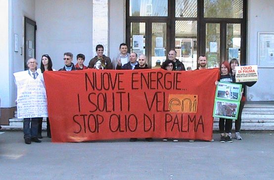 Environmentalists with their protest banners in front of the city hall of Marghera, Italy