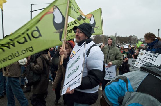 Protesters walking with a Rainforest Rescue banner