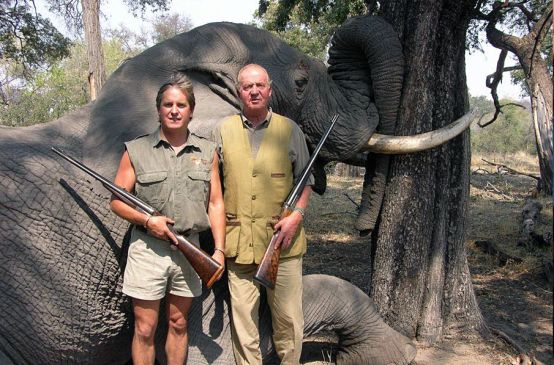 Spain’s head of state Juan Carlos in front of his prey, a shot elephant