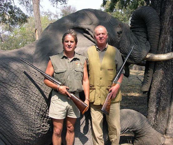 Spain’s head of state Juan Carlos in front of his prey, a shot elephant