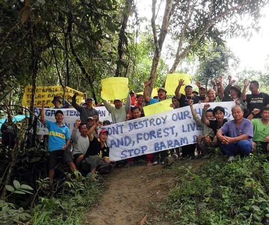 Indigenous peoples of the Sarawak rainforest protesting with banners against Baram Dam