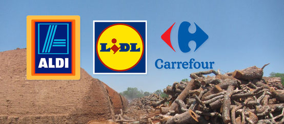 Primitive charcoal ovens and felled trees in the Paraguayan Chaco together with the brand logos of Aldi, Carrefour, Lidl