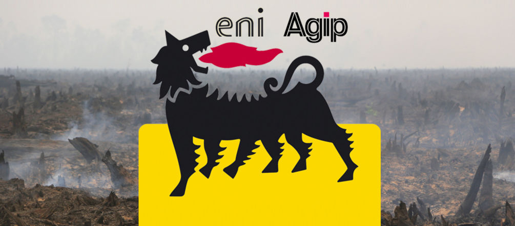 The face of “sustainable” fuel: rainforests are being torched to make room for oil palm plantations An Eni logo in front of the burning remains of a rainforest