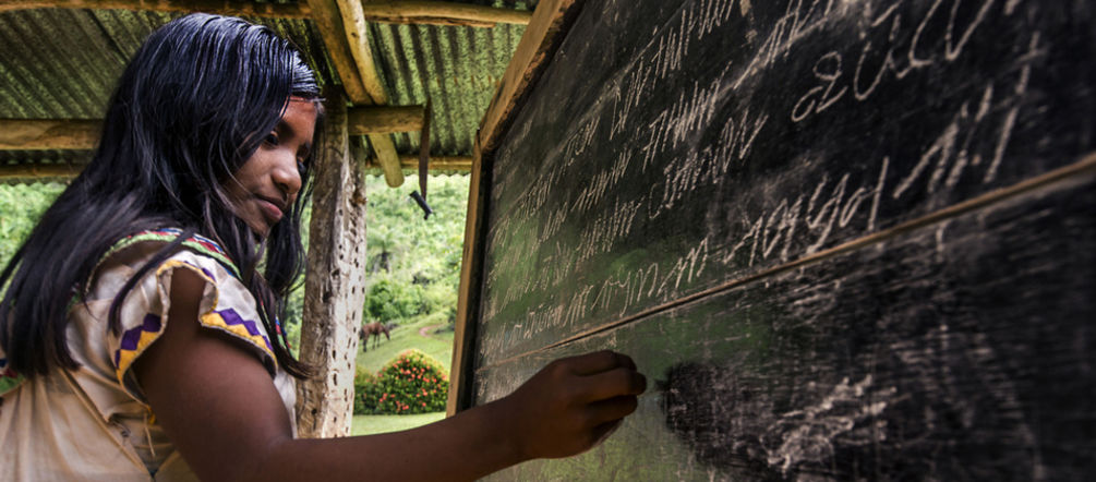 The Ngäbe-Buglé are concerned about the survival of nature and their indigenous culture A young Ngäbe-Buglé woman writing on a blackboard