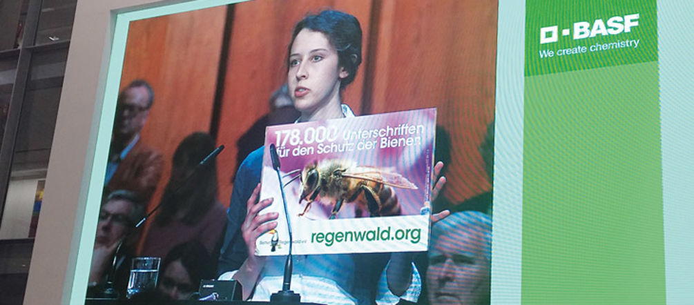 Telling it like it is to BASF’s shareholders Lea Horak delivering our petition at the 2015 BASF shareholders' meeting