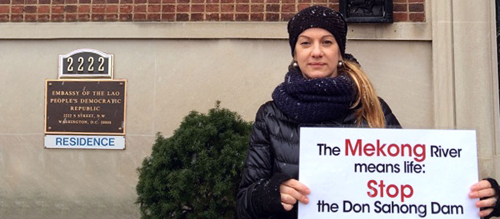 Rainforest Rescue's activist Elisa Norio at the Lao Embassy in Washington DC Elisa Norio in front of the Embassy of Laos in Washington DC