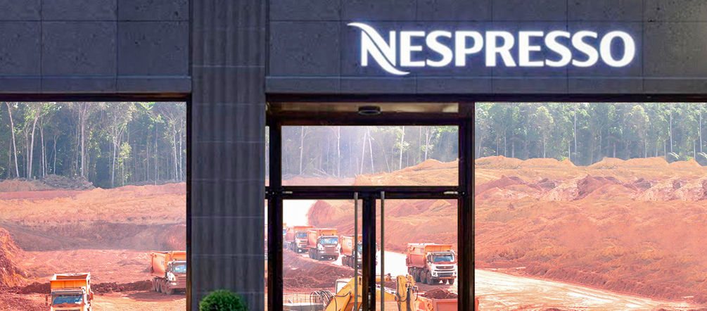 The resource hunger of Nespresso and other coffee companies is killing the rainforest A bauxite mine in a Nespresso boutique window