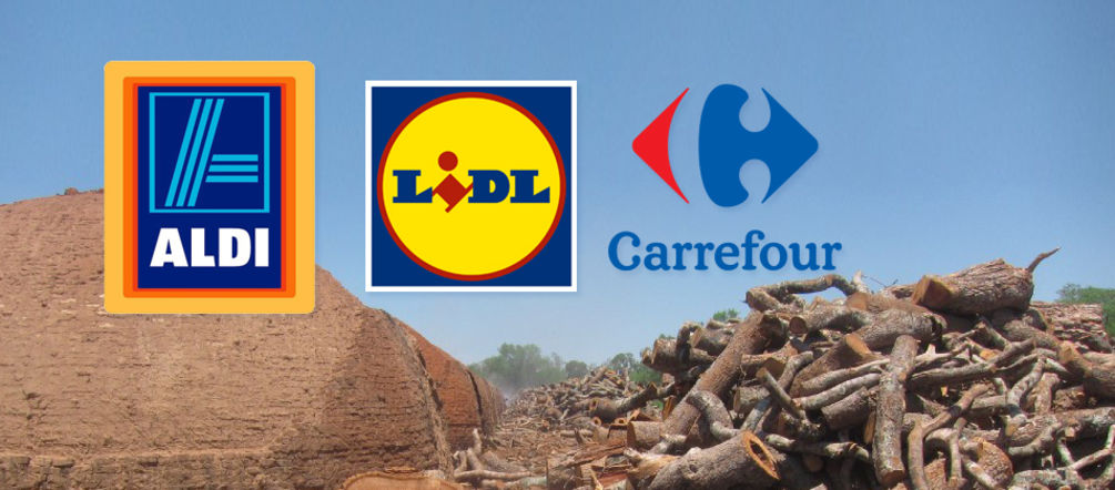Felled trees from the dry forests of the Paraguayan Chaco wait to be fed into charcoal ovens. Paraguay’s dry forests are home to jaguar, armadillo, and some of the last indigenous communities untouched by industrial civilisation Primitive charcoal ovens and felled trees in the Paraguayan Chaco together with the brand logos of Aldi, Carrefour, Lidl