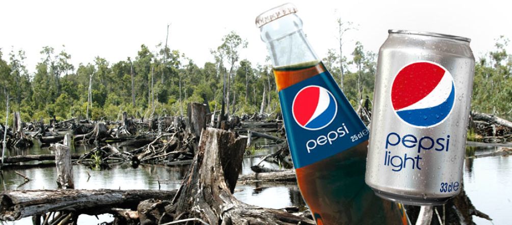 PepsiCo is not letting the rainforest stand in the way of its palm oil needs.<br>(photos: Jay Ullal, PepsiCo; montage: Rainforest Rescue) A can and a bottle of Pepsi, with a rainforest clearing in the background