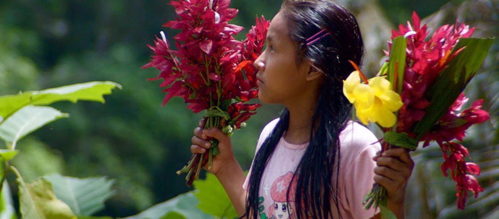 Kichwa girl in Sarayaku Kichwa girl with flowers in her hand in Sarayaku