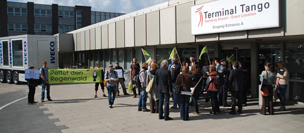 Demonstrator protest in front of "Terminal Tango" at Hamburg Airport Protesters standing infront of "Terminal Tango" at Hamburg Airport